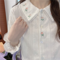Vintage Girl Embroidered Peter Pan Collar Shirt | Loose Long Sleeve Cotton Top, Japanese Style