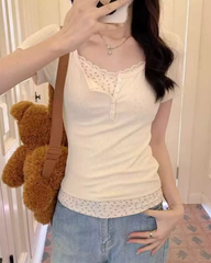 Floral Lace Faux Two-Piece Slim Fit Cropped T-Shirt for Women