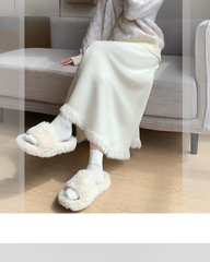 Apricot Knit High Waist A Line Midi Skirt Elastic Waist Flowy Slimming Skirt