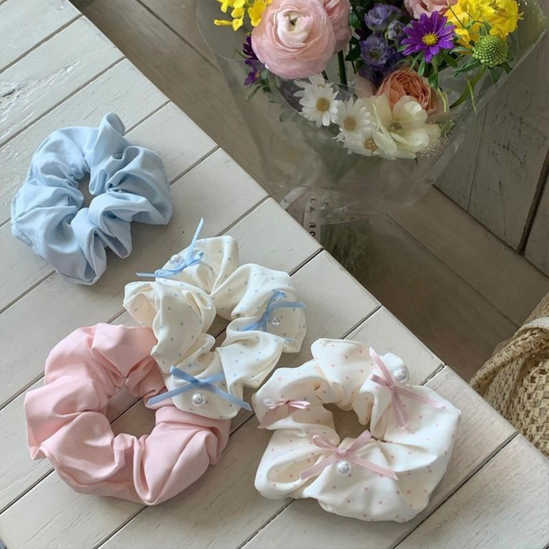 Korean Polka Dot Bow Scrunchie – Sweet & Elegant Women’s Hair Tie