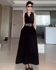 Black Elegant V-Neck Halter Maxi Dress – Sleeveless Slim Fit Luxury Summer Dress for Women