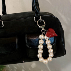 Korean Bow Beaded Phone Charm – Pearl & Heart Keychain