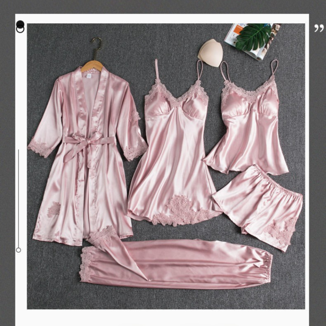 Silk 5-Piece Women's Sleepwear Set with Chest Pads – Camisole Dress, Robe & Loungewear