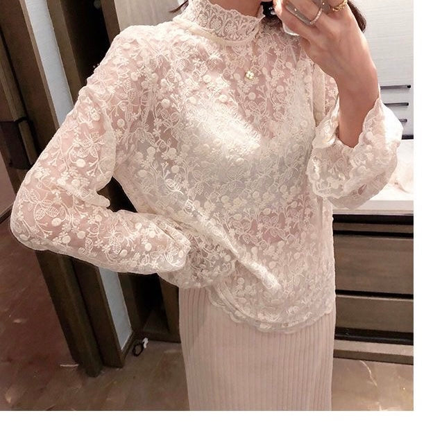 Chic Lace Mesh Blouse – Semi-Turtleneck Elegant Base Layer