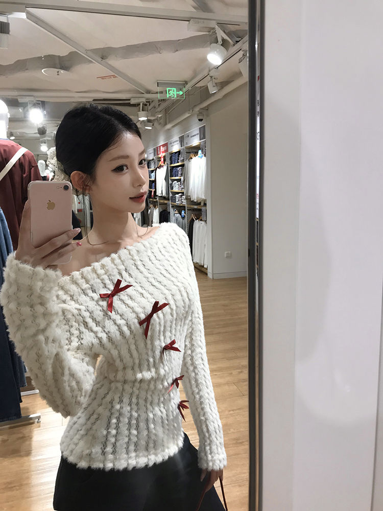 White Off-Shoulder Knit Sweater with Bow – Slim Fit Pullover for Women