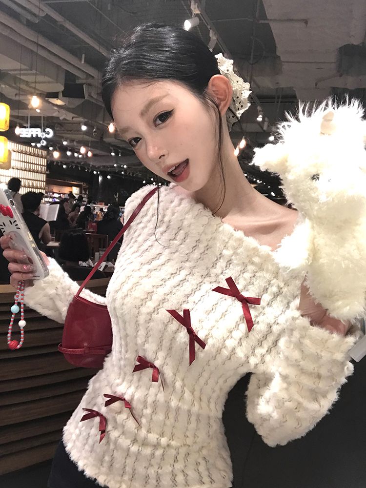 White Off-Shoulder Knit Sweater with Bow – Slim Fit Pullover for Women