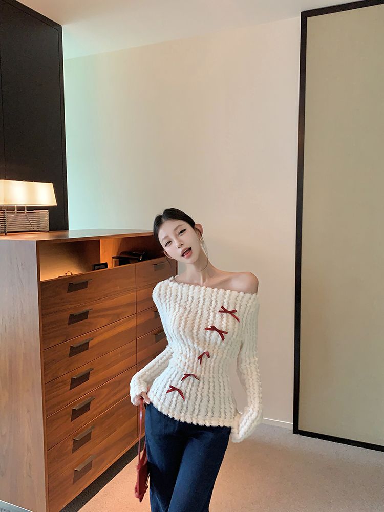 White Off-Shoulder Knit Sweater with Bow – Slim Fit Pullover for Women
