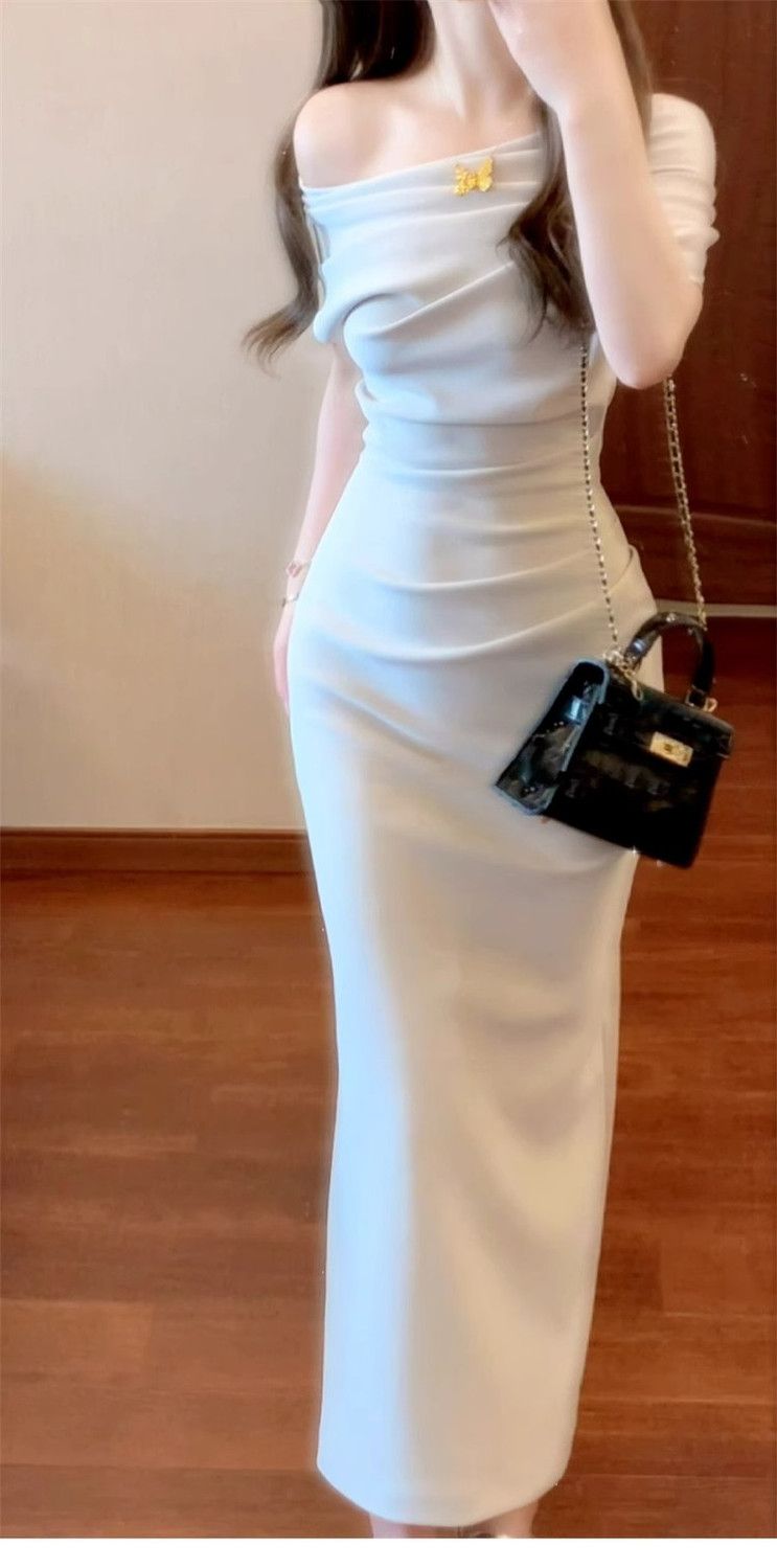 French Cowl Neck Asymmetric Off-Shoulder Ruched Bodycon Dress