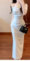 French Cowl Neck Asymmetric Off-Shoulder Ruched Bodycon Dress