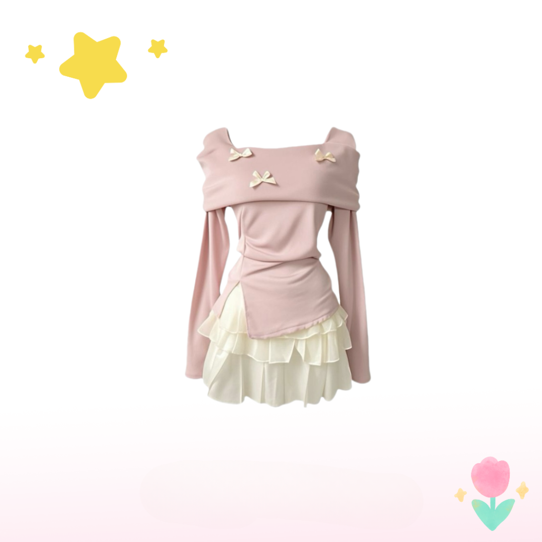 Apricot Skirt & Off-Shoulder Top Set – Women’s Playful Two-Piece Outfit