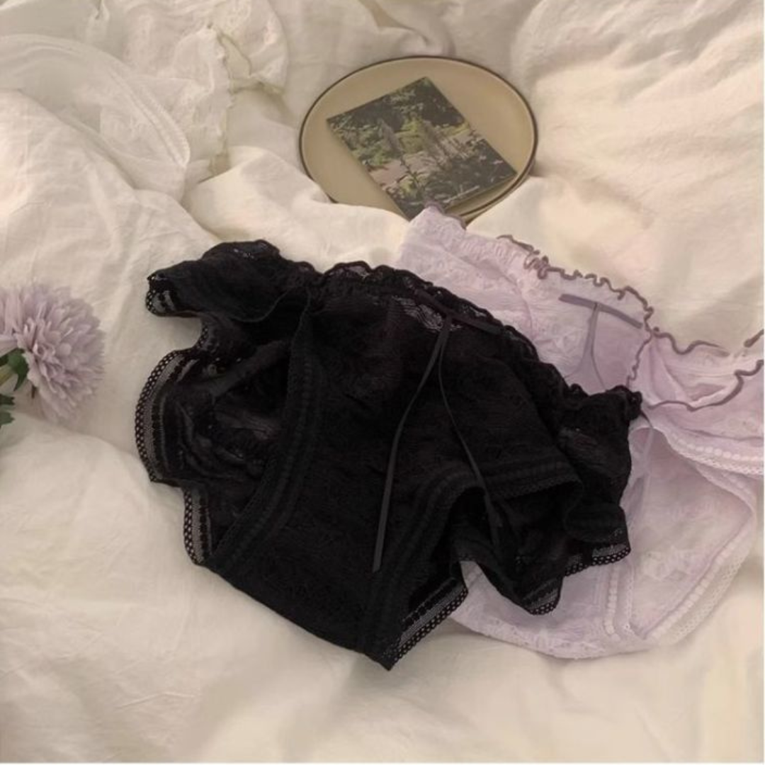 Low-Waist Ruffled Lace Panties with Embroidered Bow – Japanese Style Soft Breathable Briefs