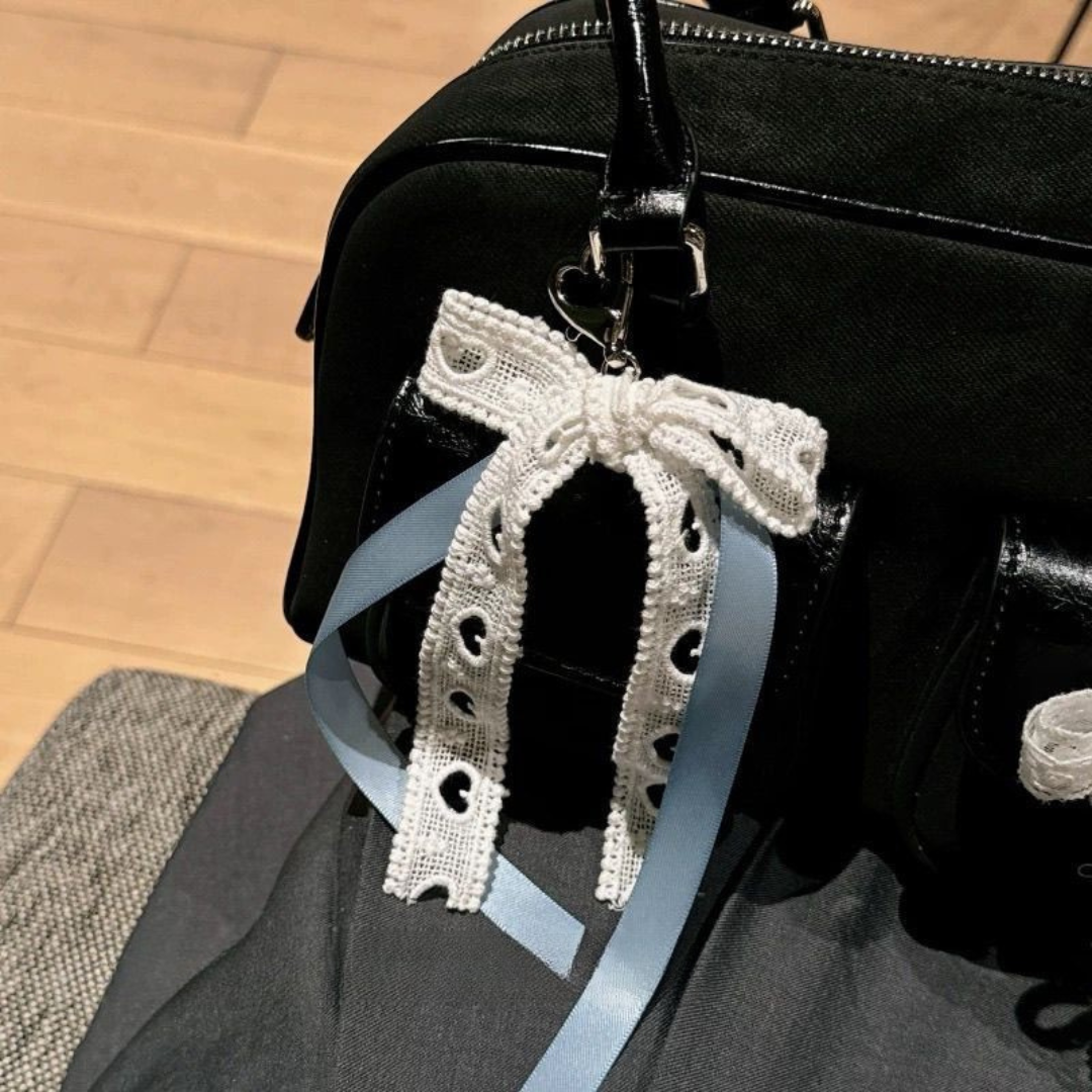 Balletcore Heart Bow Keychain – Blue Satin Bag Charm, Cute Girly Pendant