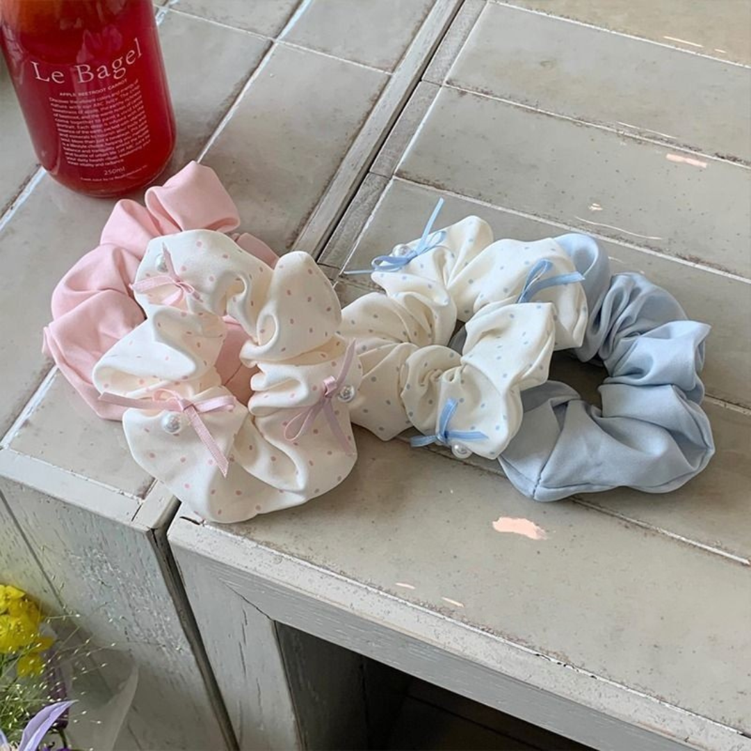 Korean Polka Dot Bow Scrunchie – Sweet & Elegant Women’s Hair Tie
