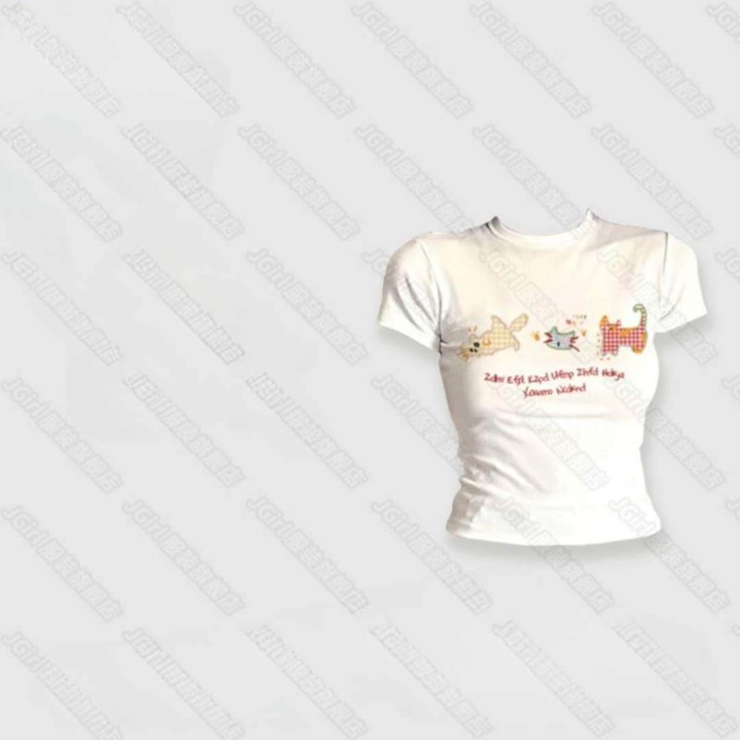 Dopamine Cat Print Cotton T-Shirt for Women – Slim Fit Short Sleeve Sweet Girl Top
