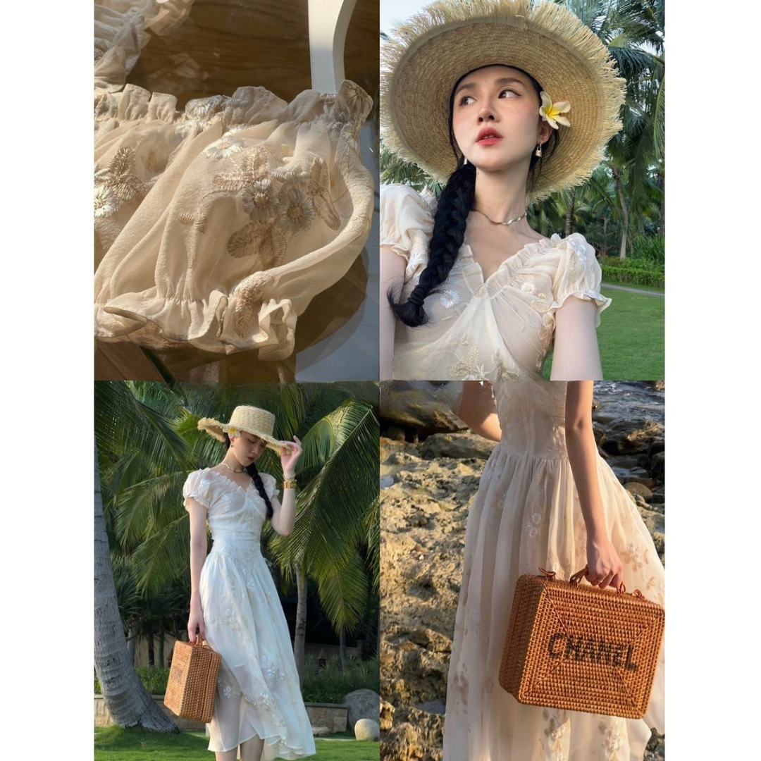Elegant Vintage Floral Dress – Sunset Flo Embroidered Slim-Fit Gown