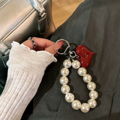 Korean Bow Beaded Phone Charm – Pearl & Heart Keychain