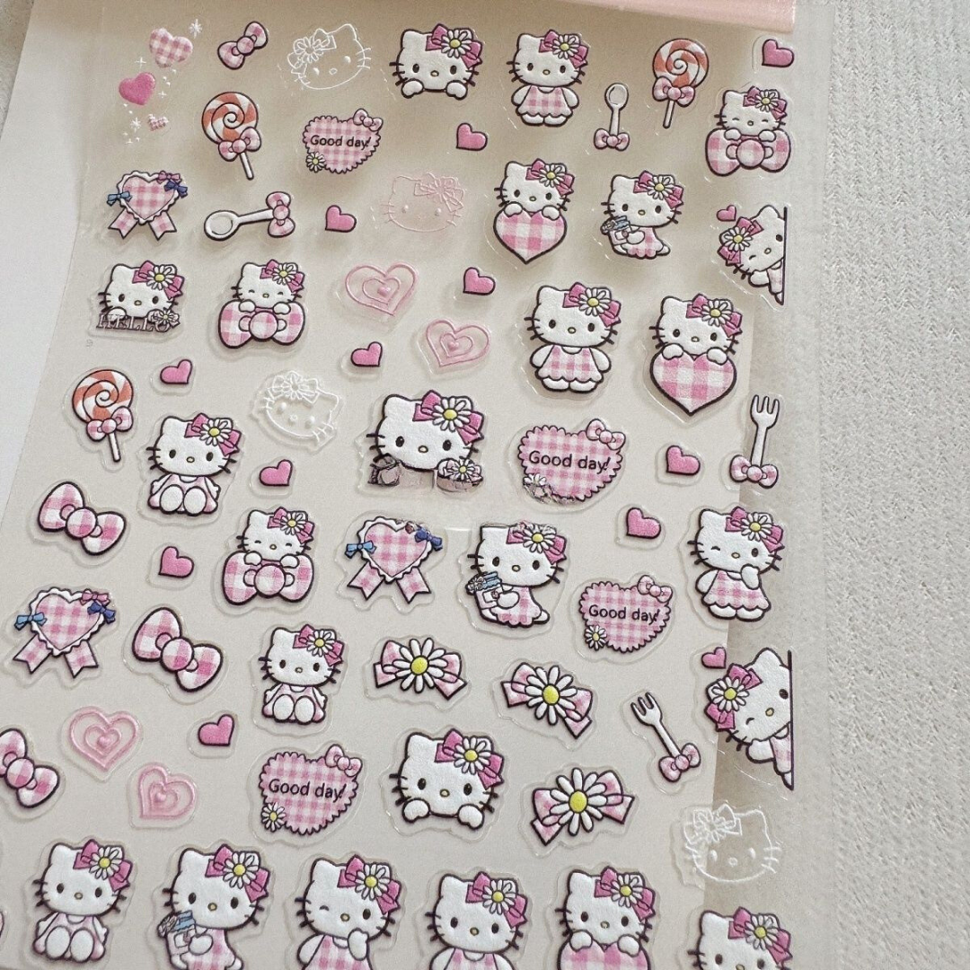 5D Hello Kitty Embossed Nail Stickers – Cute Pink Skirt Kitty Cat DIY Decals for Water Bottles, Cameras & More
