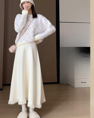 Apricot Knit High Waist A Line Midi Skirt Elastic Waist Flowy Slimming Skirt