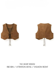 Brown Suede Layered Tie V-Neck Crop Vest