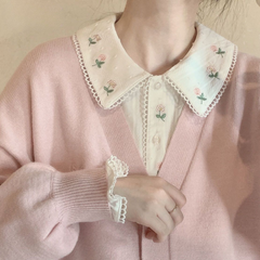 Vintage Girl Embroidered Peter Pan Collar Shirt | Loose Long Sleeve Cotton Top, Japanese Style