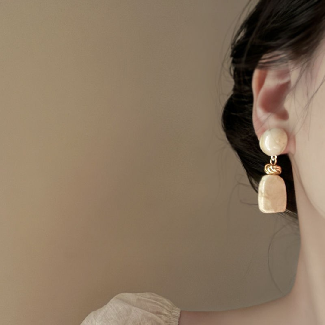French Vintage Acrylic Long Earrings – Cream Almond and Sunset Orange Elegant Statement Studs