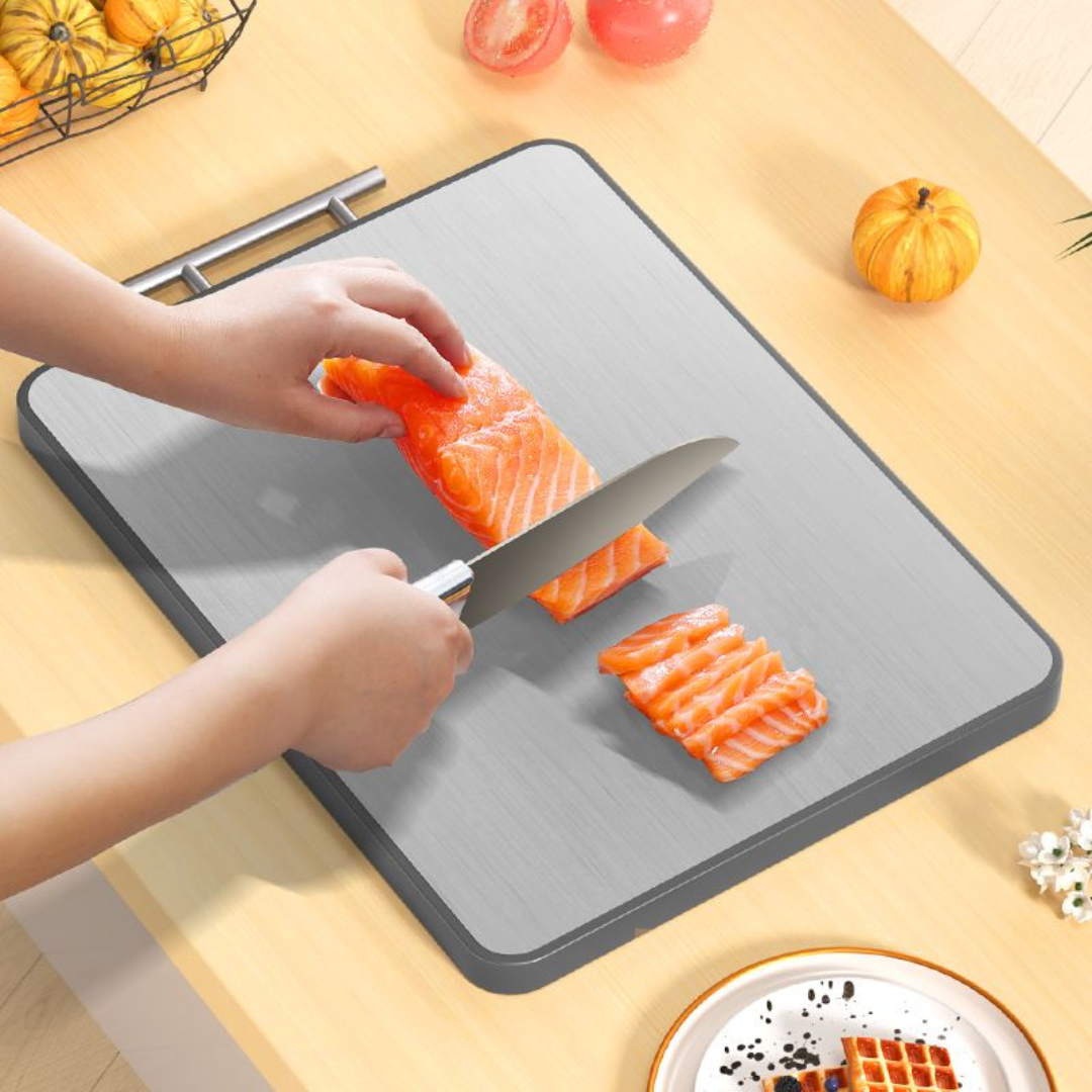 Antibacterial Ultraviolet Wood Cutting Board | Double-Sided Stainless Steel Chopping Block | Mold-Resistant, Durable, and Eco-Friendly Kitchen Board