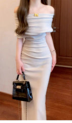 French Cowl Neck Asymmetric Off-Shoulder Ruched Bodycon Dress