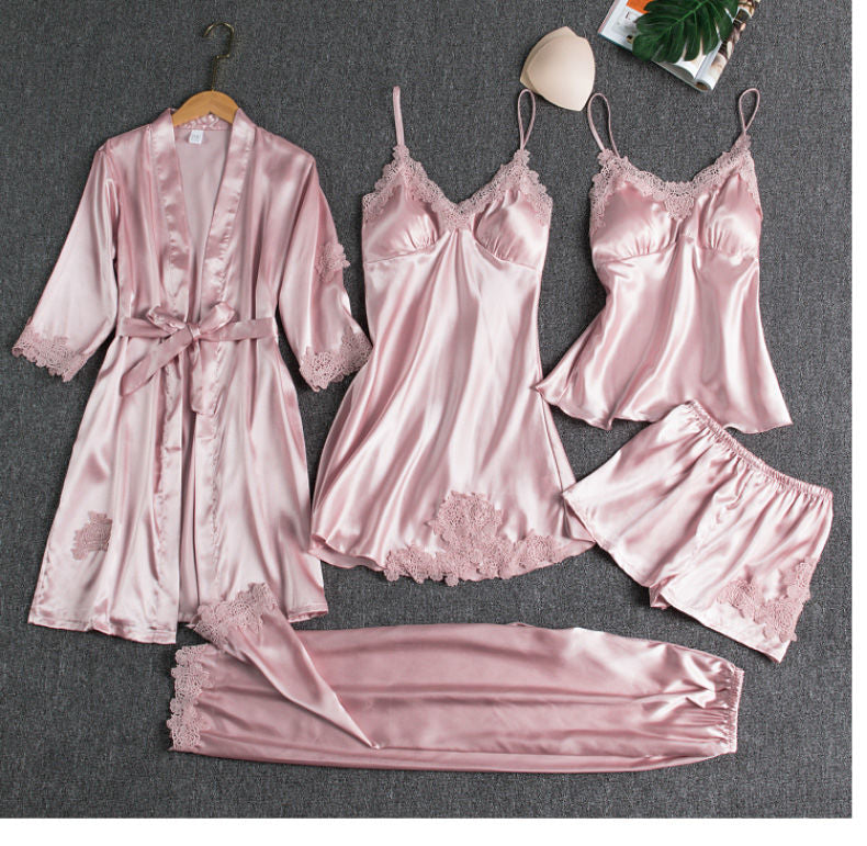 Silk 5-Piece Women's Sleepwear Set with Chest Pads – Camisole Dress, Robe & Loungewear