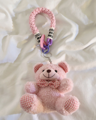 Curly Teddy Bear Plush Keychain with Plaid Bow Tie, Cute Bag Charm Accessory