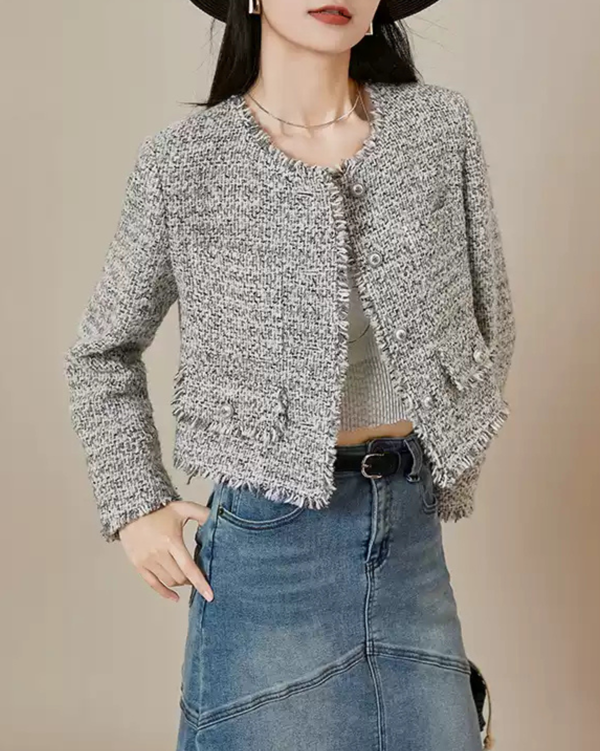 Vintage Tweed Cropped Jacket – Elegant Slim-Fit Petite-Friendly Woven Outerwear