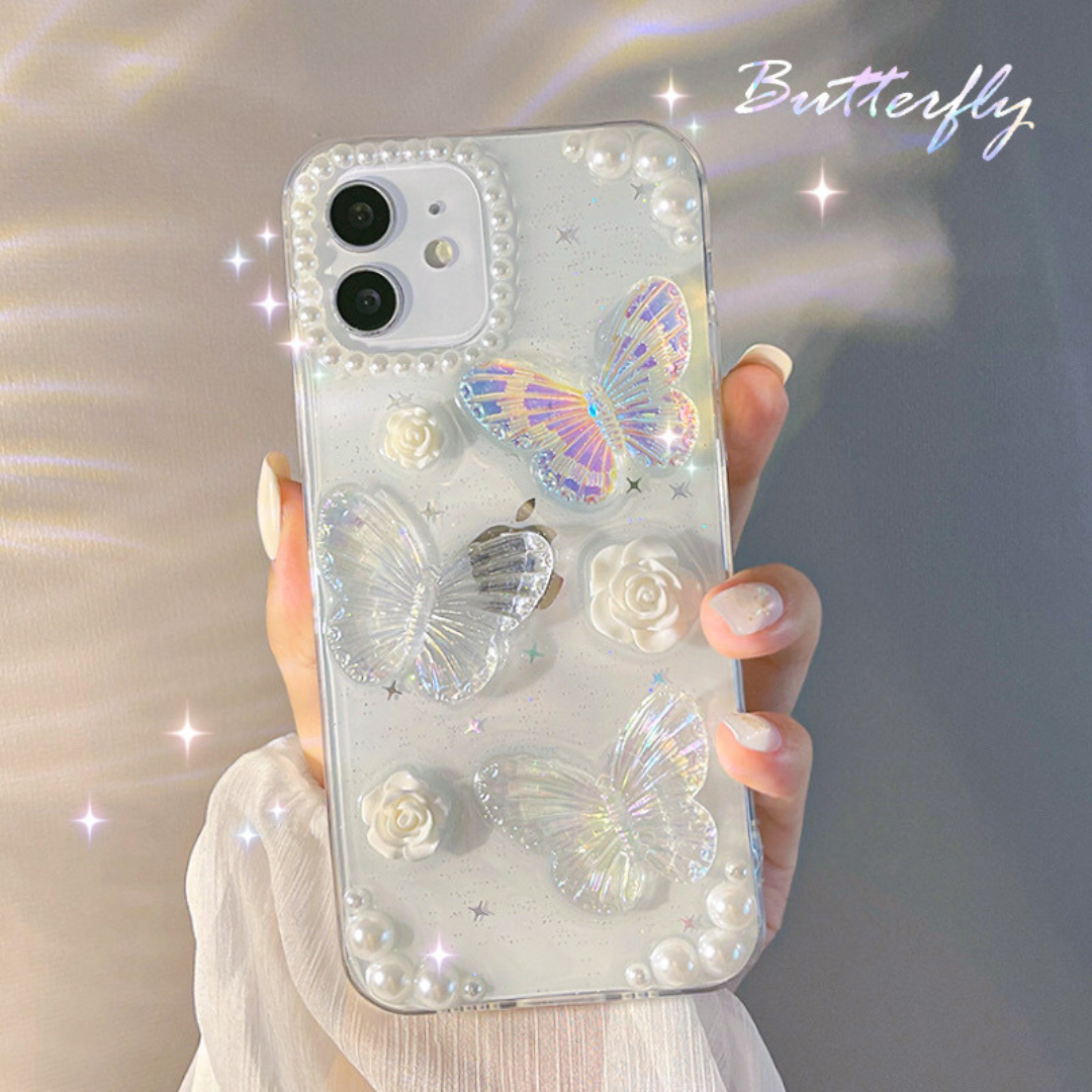 French Retro 3D Butterfly Glitter Phone Case – Elegant Protective Cover