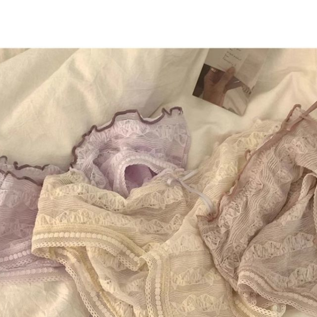 Low-Waist Ruffled Lace Panties with Embroidered Bow – Japanese Style Soft Breathable Briefs