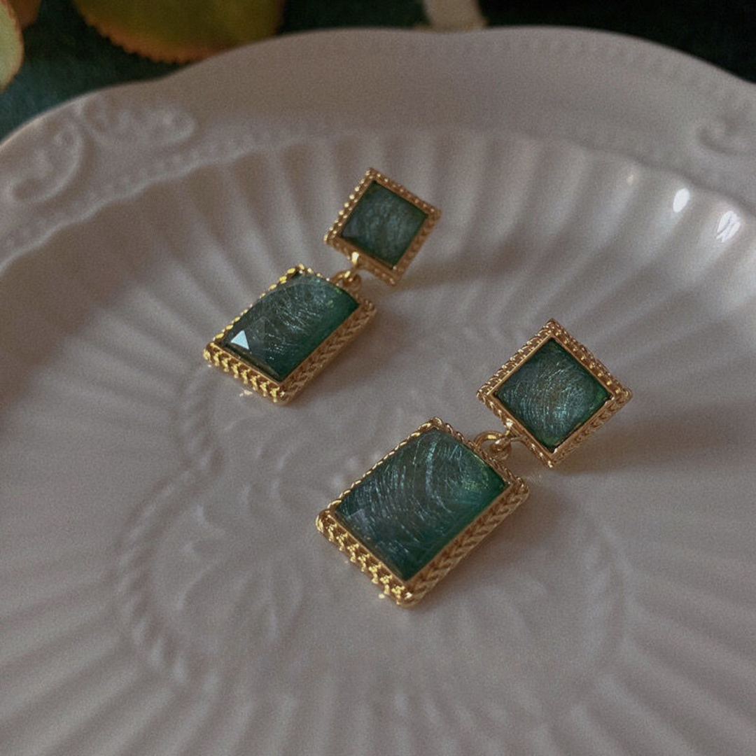 Green Abyss Dream Geometric 925 Silver Stud Earrings | Vintage Faceted Sparkling Luxury for Women