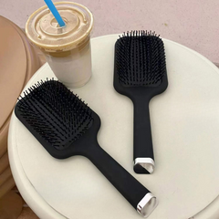 Minimalist Black Air Cushion Hairbrush – Anti-Static Paddle Comb for Women