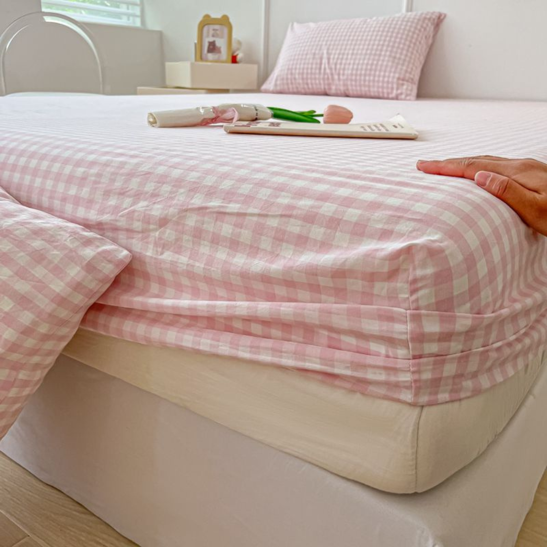 Washed Cotton Fitted Sheet – Simple Checkered & Solid Color Mattress Protector, Full Wrap Bed Sheet 3-Piece Set