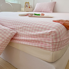 Washed Cotton Fitted Sheet – Simple Checkered & Solid Color Mattress Protector, Full Wrap Bed Sheet 3-Piece Set