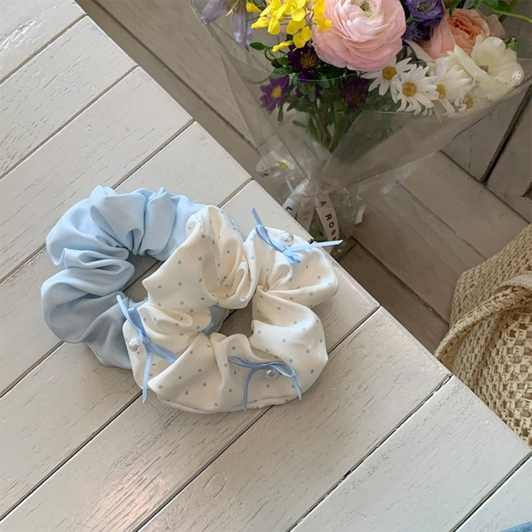 Korean Polka Dot Bow Scrunchie – Sweet & Elegant Women’s Hair Tie