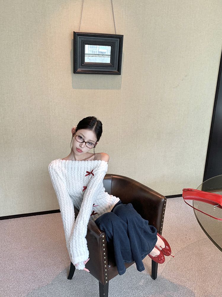 White Off-Shoulder Knit Sweater with Bow – Slim Fit Pullover for Women