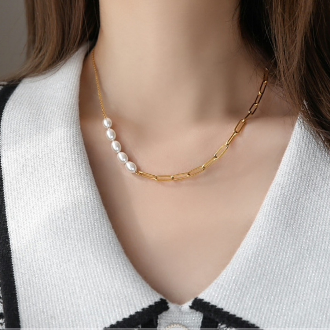 Minimalist Pearl & Plaid Teardrop Pendant Necklace Set