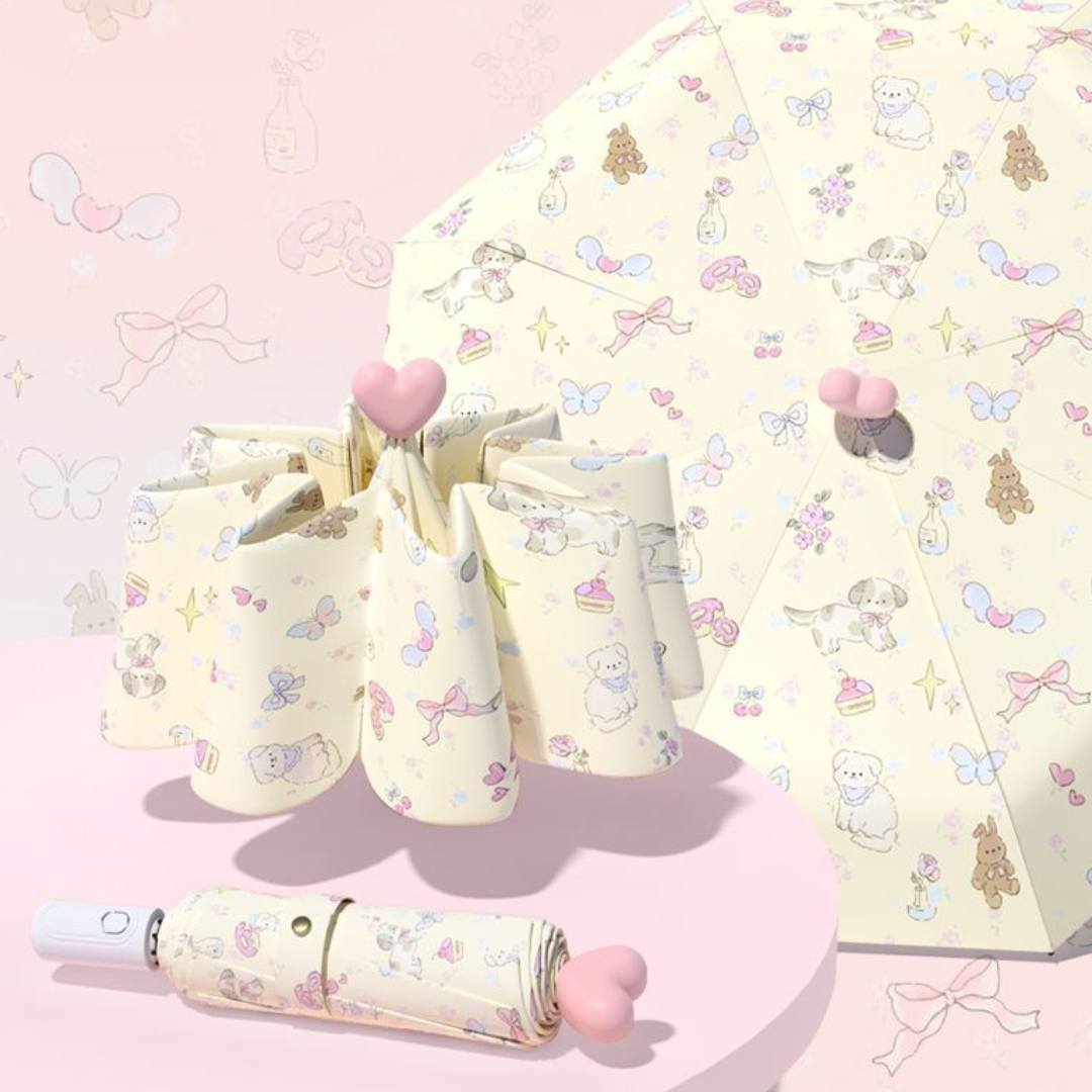 Floral Heart Print Auto Folding Umbrella - UV Protection & Sun/Rain Use