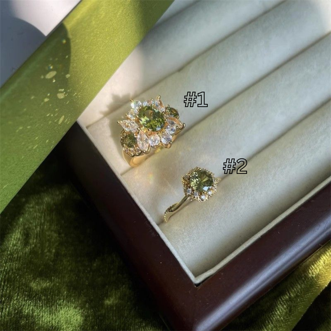 Vintage Olive Green Zircon Ring – Adjustable French Retro Style for Women
