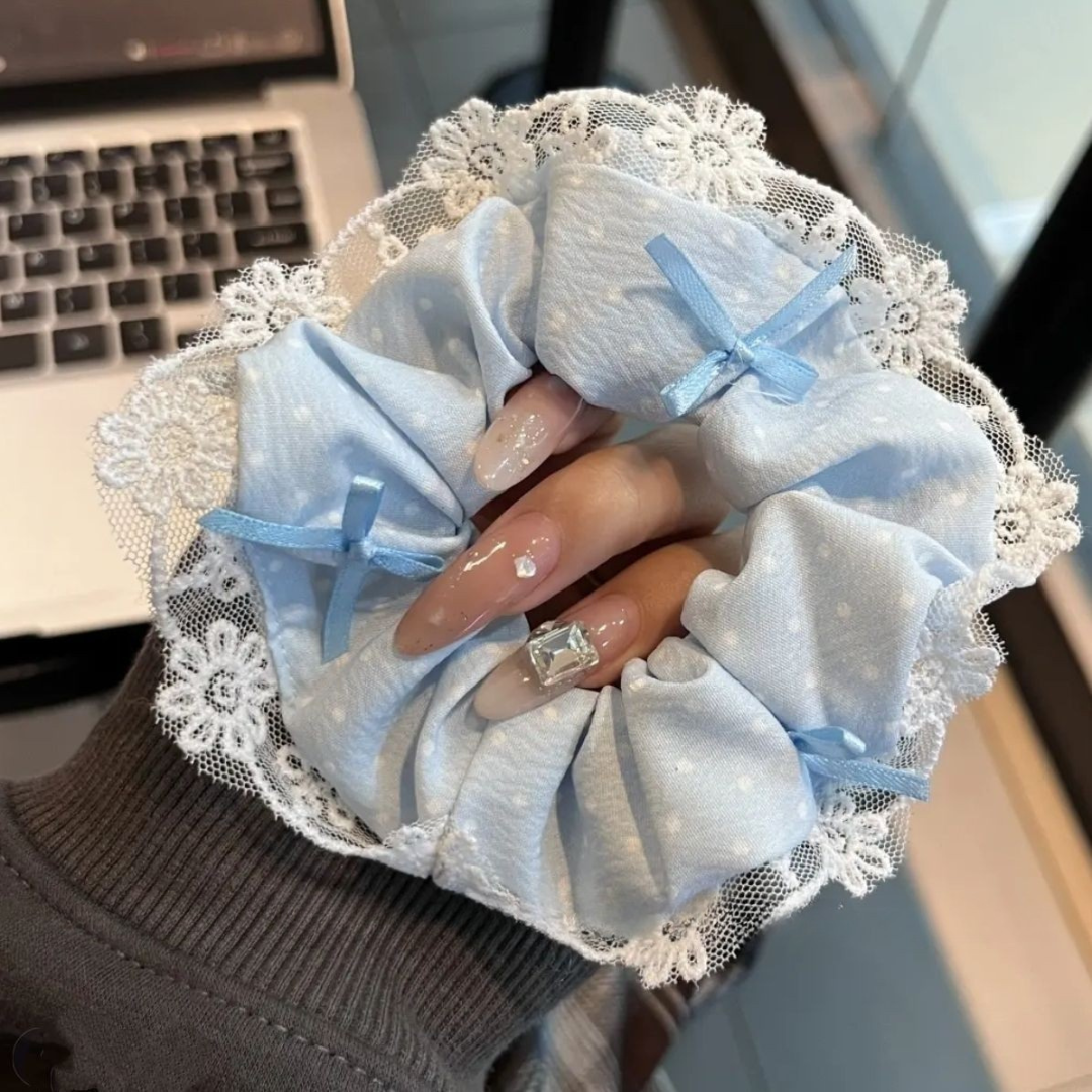 Sweet Bow Korean Lace Scrunchie – Cute Ponytail Hair Tie for Girls