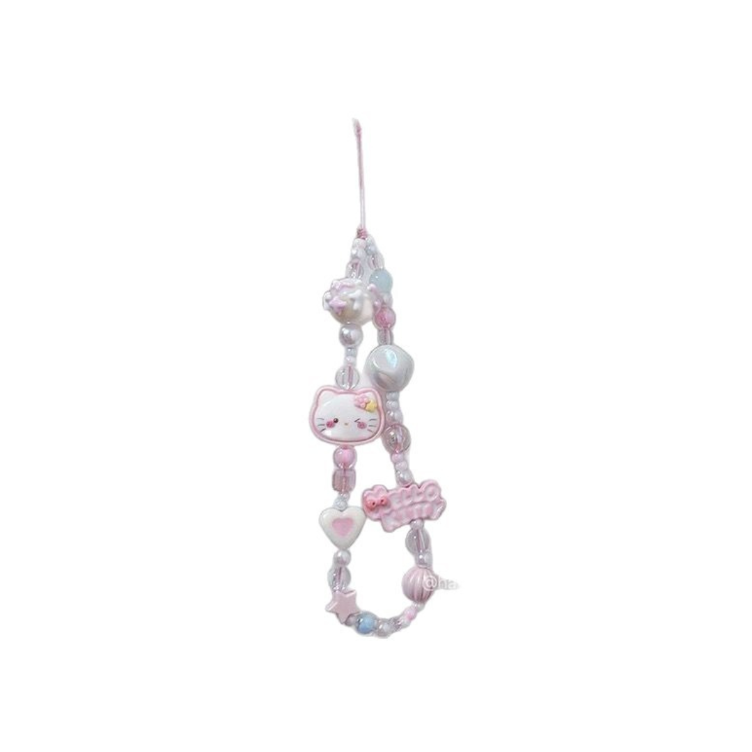 Pink Beaded Phone Lanyard – Cute Cartoon Pendant & Camera Charm