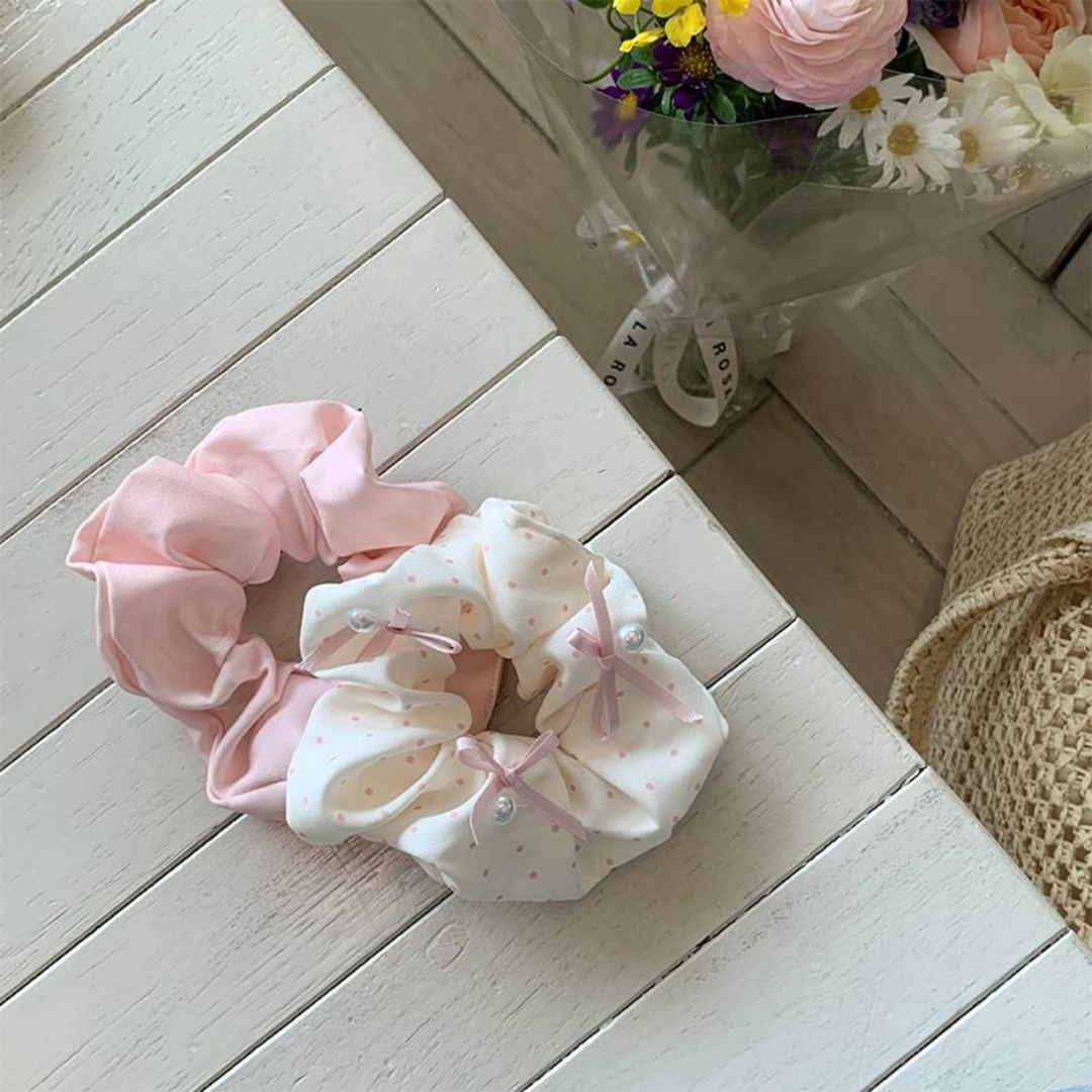Korean Polka Dot Bow Scrunchie – Sweet & Elegant Women’s Hair Tie