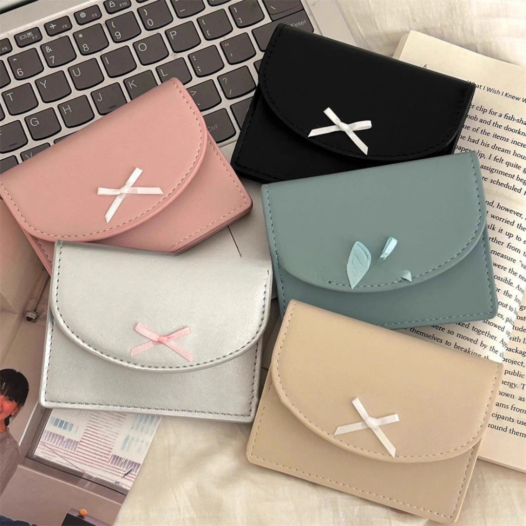 Cute PU Leather Bow Card Wallet – Small Korean Coin Pouch, Minimalist Design