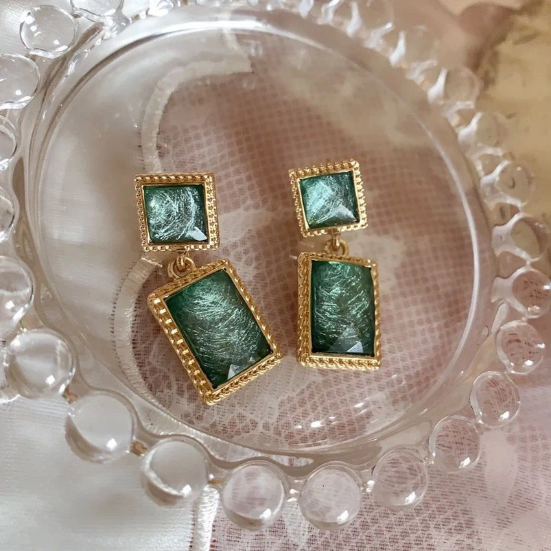 Green Abyss Dream Geometric 925 Silver Stud Earrings | Vintage Faceted Sparkling Luxury for Women