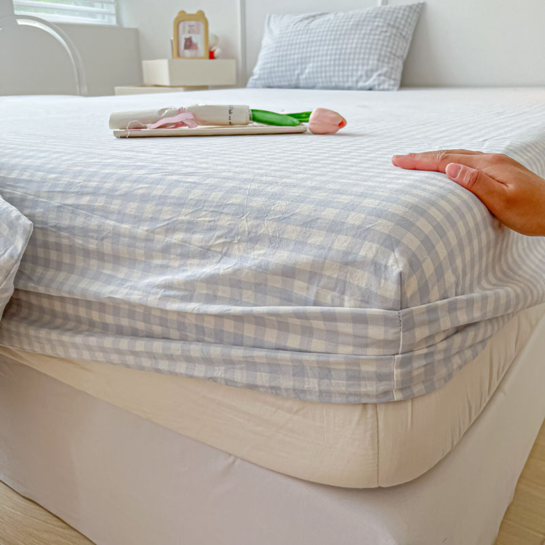 Washed Cotton Fitted Sheet – Simple Checkered & Solid Color Mattress Protector, Full Wrap Bed Sheet 3-Piece Set