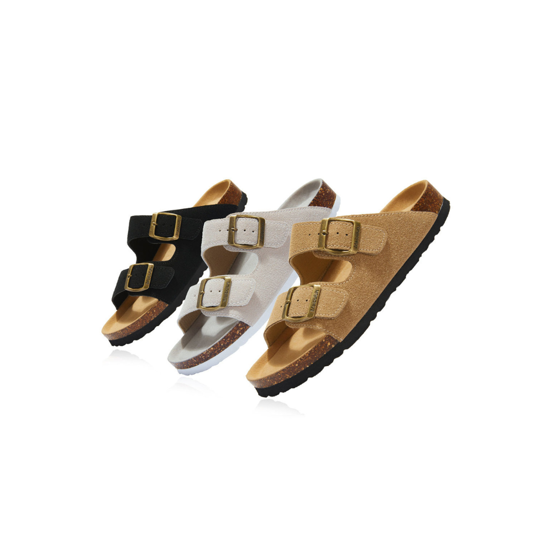 Unisex Cork Sole Suede Sandals – Flat Non-Slip One-Strap Slippers for Beach, Outdoor & Home