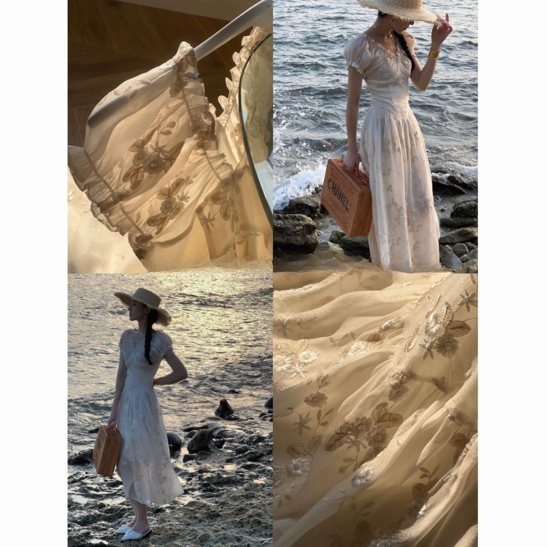 Elegant Vintage Floral Dress – Sunset Flo Embroidered Slim-Fit Gown