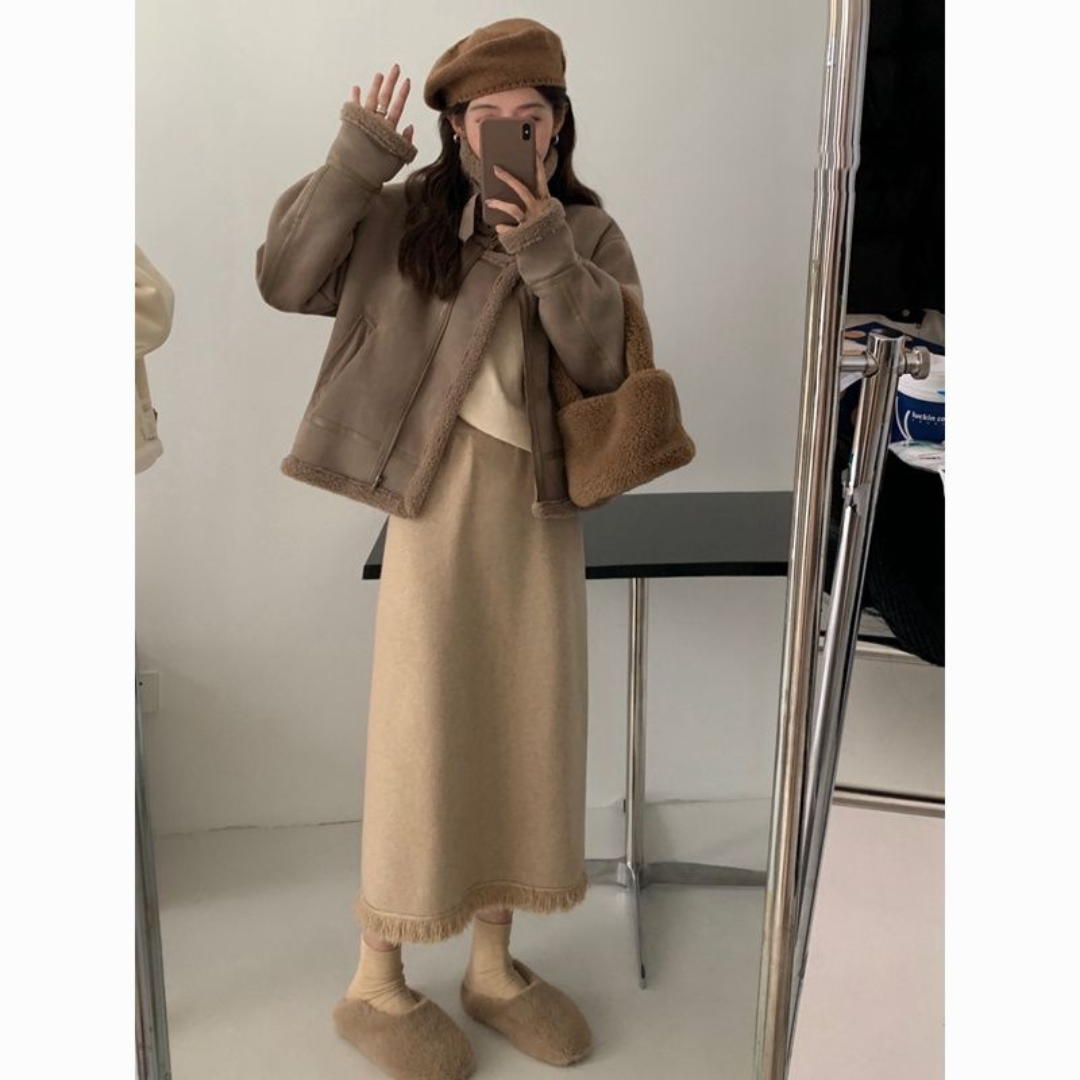 Vintage Knit Tassel Split Skirt | Thickened Mid-Length Wool Skirt for Women